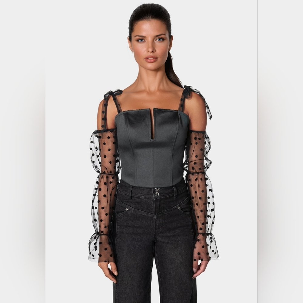 bebe Black Satin Top with Sheer Polka Dot Sleeves NWT
